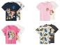 Vier sets kindershirts: Paw Patrol, Barbie en Hot Wheels ontwerpen.