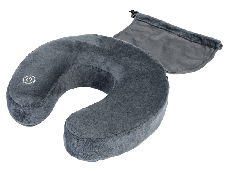 Un oreiller de voyage de nuque gris avec fonction de chauffage rechargeable.