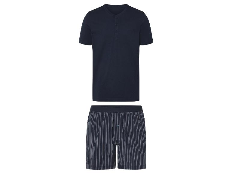 Herenslaappak: shirt en gestreepte pyjamabroek in donkerblauw.