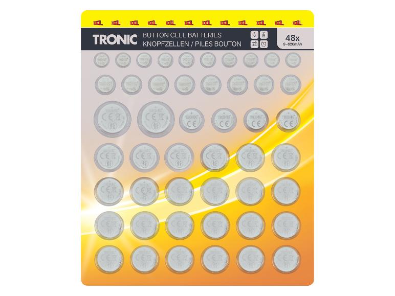 Assortiment van 48 knoopcelbatterijen, 9-620mAh, voor diverse elektronische apparaten.