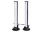 Twee verticale LED-lampen met zwarte voetstukken en kabels.