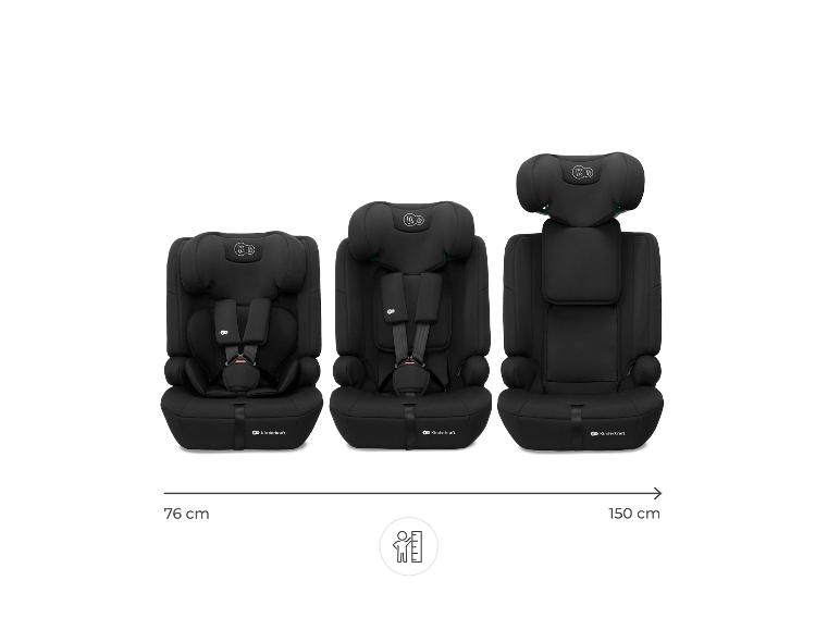Trois sièges auto noirs pour enfants, montrant des ajustements de 76 cm à 150 cm.