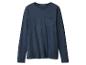 Donkerblauw T-shirt met lange mouwen en zak op een witte achtergrond.