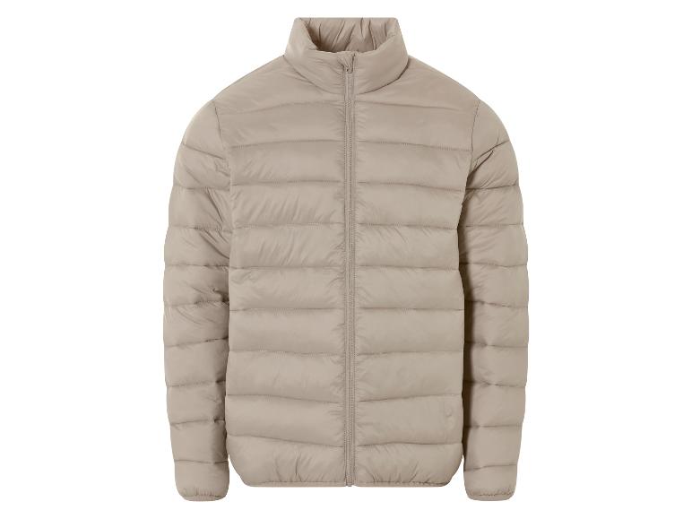Een lichtbeige donsjack met ritssluiting.