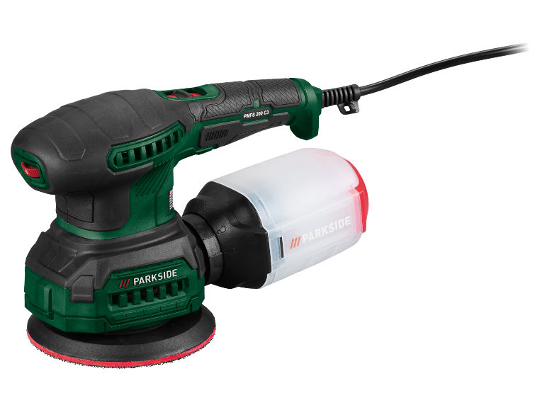 Excenterschuurmachine met stofopvangbak en elektrische kabel.