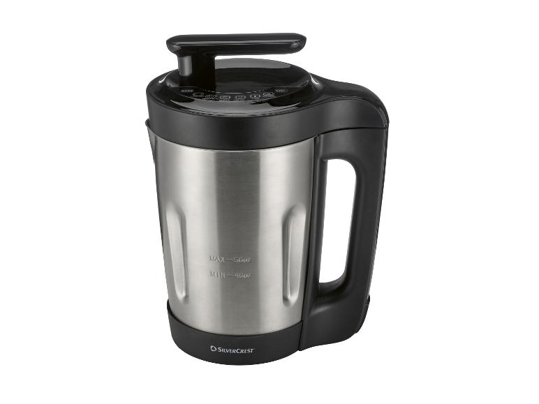 SilverCrest soepmaker met roestvrijstalen kan en zwart handvat.