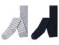 Deux paires de collants: un gris à rayures et un bleu marine uni.