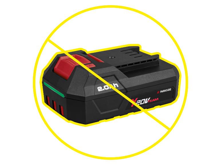 2.0 Ah accupack voor elektrisch gereedschap met een gele streep erover, wat aangeeft dat het niet is inbegrepen.