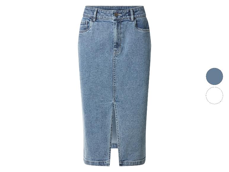 Jupe longue en jean avec fente avant, disponible en deux couleurs.