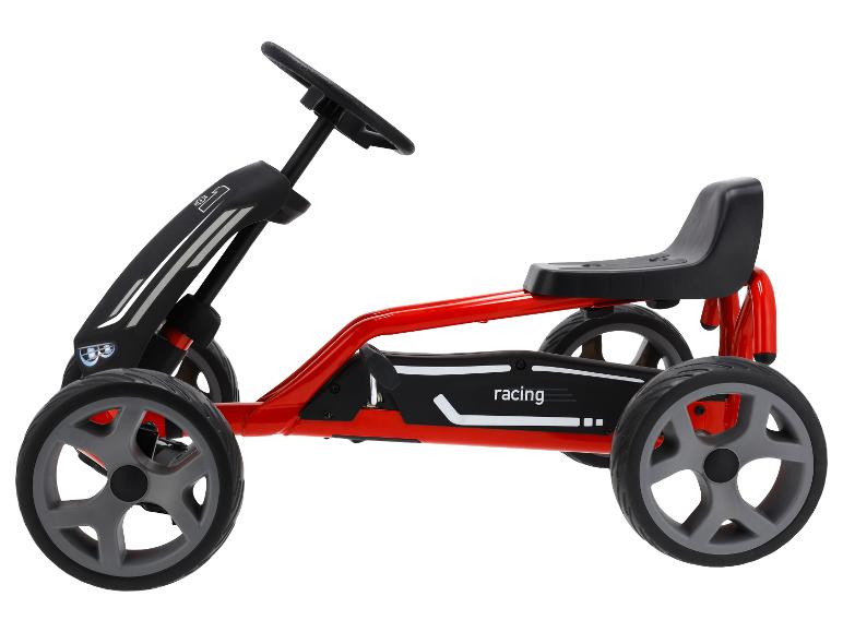 Kart à pédales rouge et noir pour enfants avec texte 'racing'.