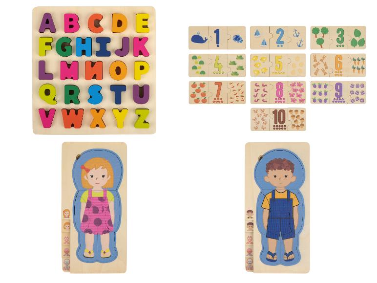 Puzzles en bois avec lettres de l'alphabet, chiffres et figurines d'enfants.