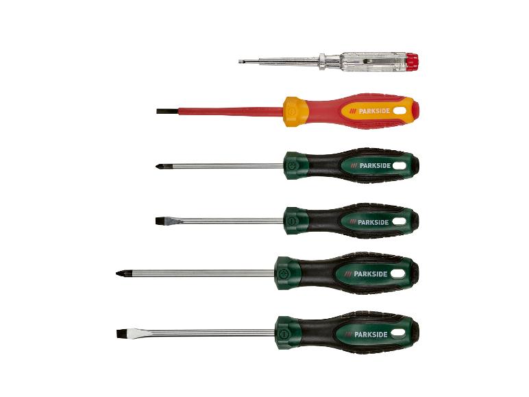 Un ensemble de six tournevis de différents types et tailles, incluant un testeur de tension.