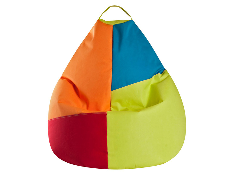 Een kleurrijke beanbag stoel met een handvat.
