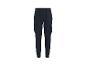 Pantalon cargo bleu foncé avec cordon de serrage à la taille et poches latérales.
