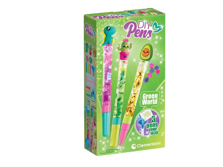 DIY pennen set van 3, 'Green World' thema met glitter en dinosaurus, cactus, avocado decoraties.