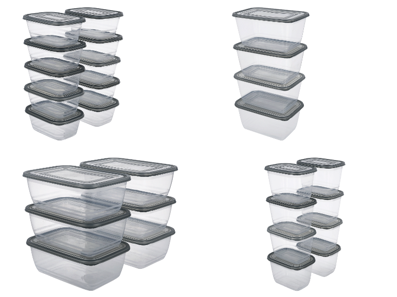 Plusieurs piles de contenants alimentaires en plastique transparent avec couvercles gris.