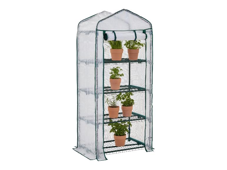 Verticale tuinkas met 4 planken en planten in terracotta potten.