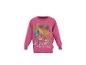 Roze sweatshirt met dinosaurus- en puppyprint, met de tekst 'No dinos too big, no pups too small'.