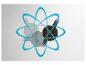 Design abstrait ressemblant à un atome avec trois éléments circulaires gris et un noir, interconnectés par des lignes bleues vibrantes.
