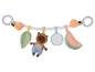 Arche d'activités pour bébé avec un ours brun, des fruits oranges, des feuilles vertes, un miroir et une tranche de pastèque.