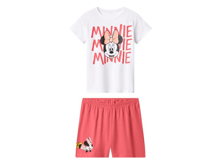 Meisjespyjama met witte top met korte mouwen en koraalkleurige shorts met Minnie Mouse-print.