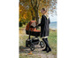 Een vrouw duwt een kinderwagen met een bruin en beige bekleding door een park in de herfst.