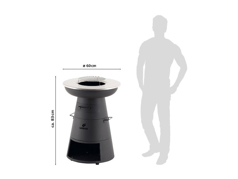 Ronde houtskoolbarbecue met rooster en onderstel, 83 cm hoog en 60 cm diameter.