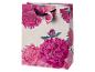 Sac cadeau avec motif floral de pivoines roses et ruban noir.