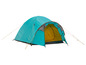 Een turquoise tent met gele touwen.