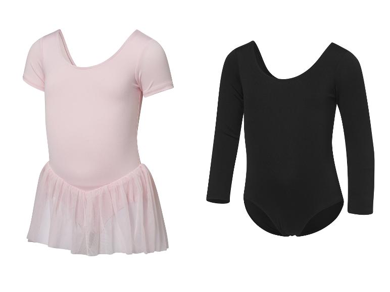 Justaucorps de danse rose et noir pour filles; le rose a une jupe tutu.