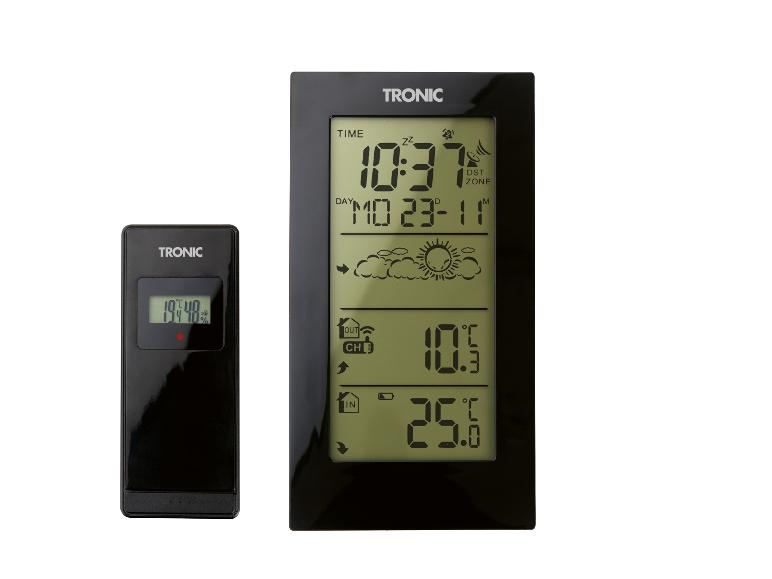 Digitale weerstation met buitensensor dat tijd, datum en binnen-/buitentemperatuur weergeeft.