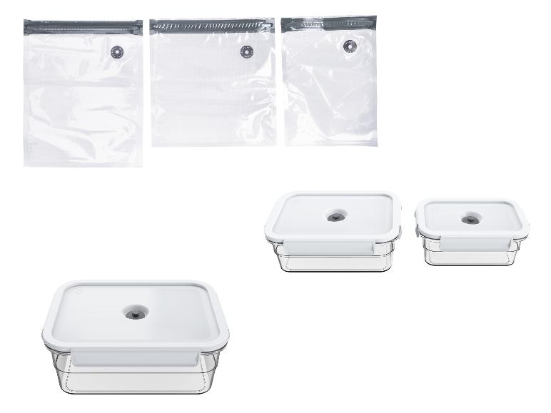 Sacs et récipients sous vide transparents avec valves d'air pour le stockage des aliments.