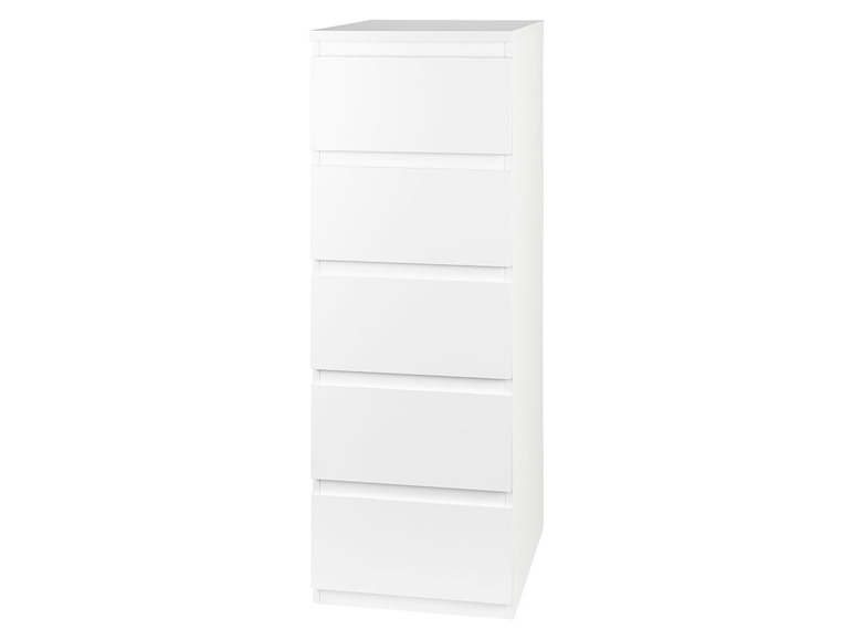 Commode blanche à cinq tiroirs.