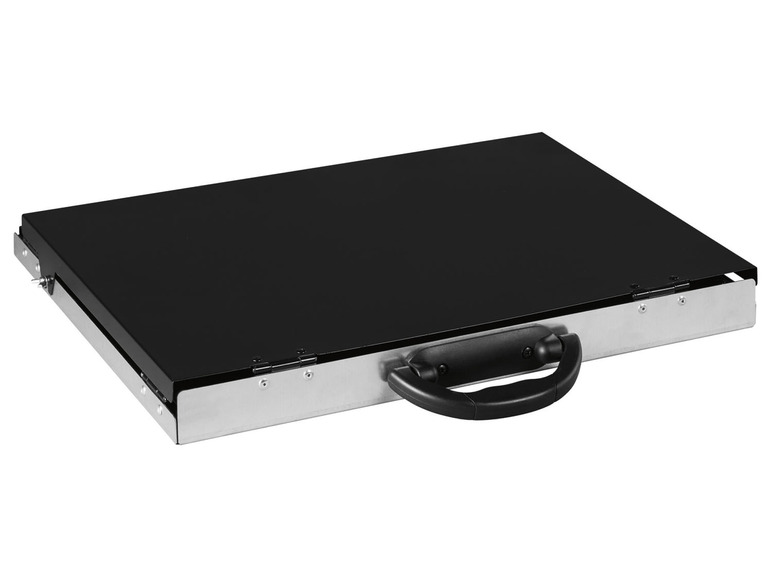 Een zwarte metalen draagbare tafel met een handvat.