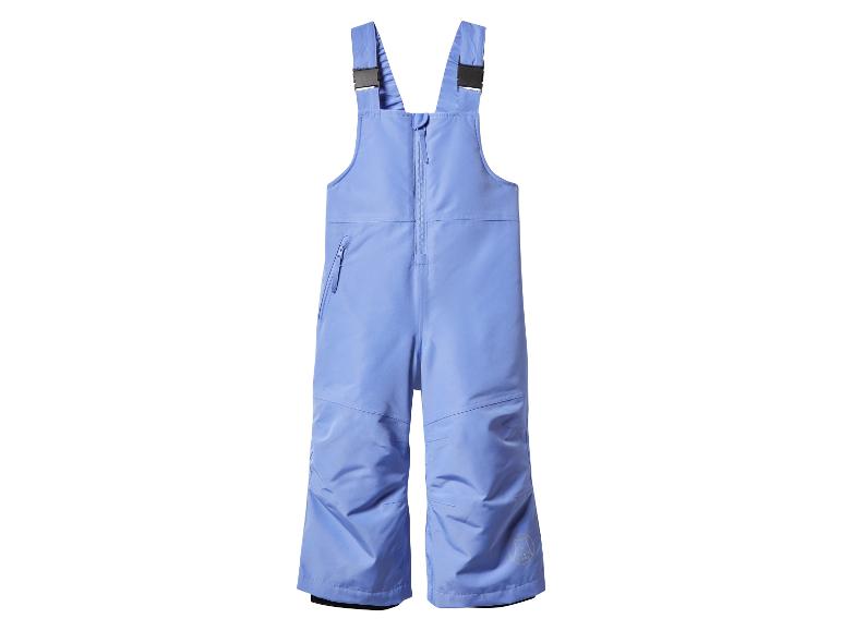Salopette de ski bleue pour enfant avec fermeture éclair et bretelles ajustables.