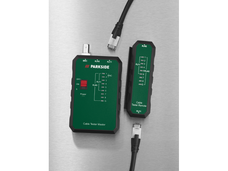 Unité principale et unité distante du testeur de câbles Parkside avec connecteurs RJ45 et RJ11.