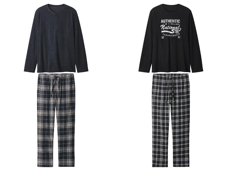 Twee herenpyjamasets met lange mouwen en geruite broeken.