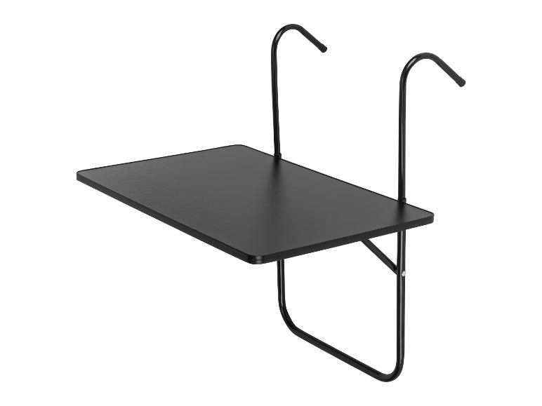 Zwarte balkon hangtafel met metalen frame, geïsoleerd op een witte achtergrond.