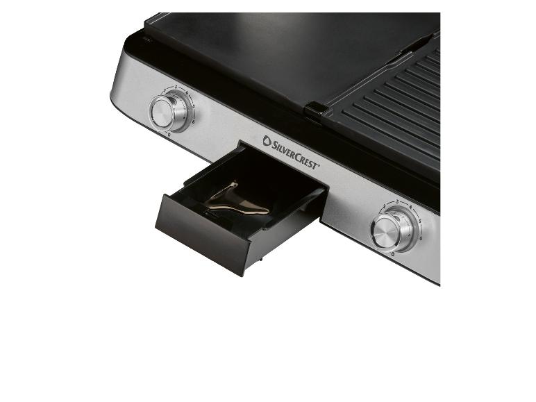 Elektrische grill met lekbak en temperatuurregelaars.