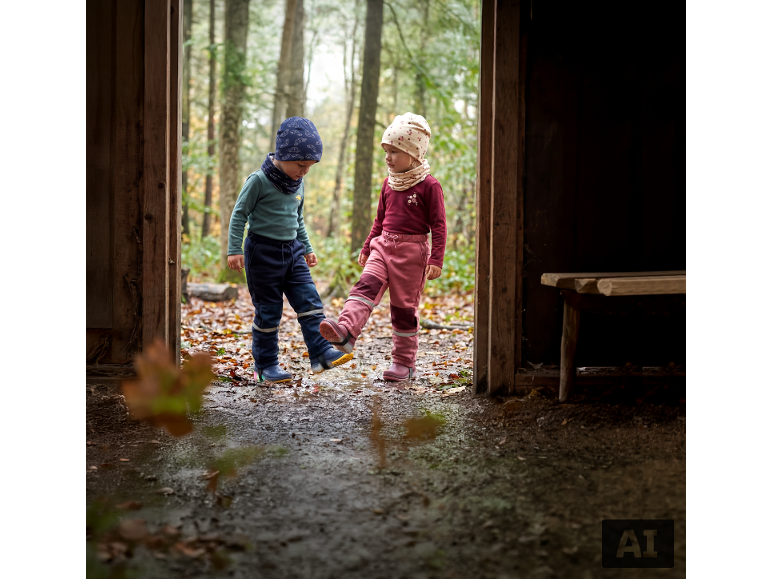 Deux enfants en vêtements d'extérieur chauds et bottes de pluie jouant dans une flaque.