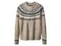 Beige trui met Fair Isle patroon in bruine, witte en zwarte tinten.