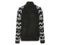 Pullover noir avec un motif géométrique blanc sur les manches.