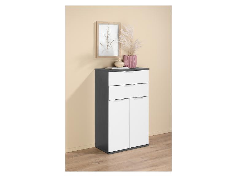 Modern hoge smalle kast met twee deuren en twee laden.