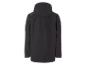 Un imperméable gris foncé à capuche, vue arrière.