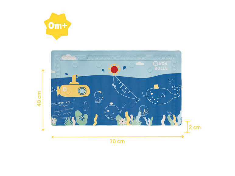 Un tapis de bain bleu Bada Bulla avec un sous-marin jaune et des animaux marins.