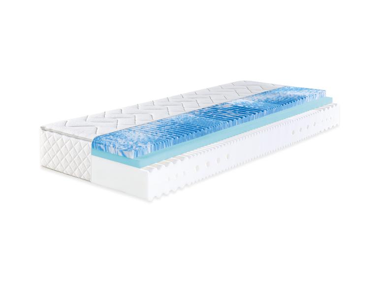 Een doorsnede van een matras met een toplaag van schuim.