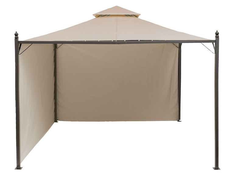 Een beige gazebo met een zijwand.
