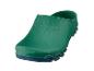 Sabot de jardin vert avec semelle bleue.