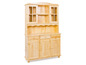 Een houten dressoir met glazen deuren en laden