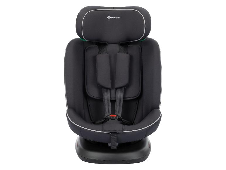 Zwart autostoeltje voor baby's met veiligheidsharnas en witte details.